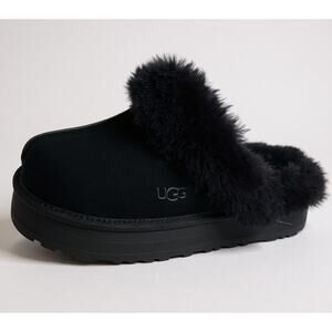 UGG Disquette Black Suede Fur Cuffs Slide Platform slippers Shoes Womens Size 10
